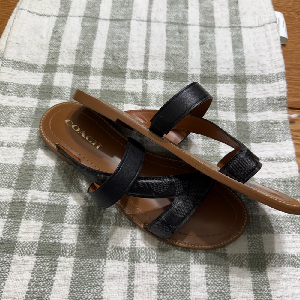 Coach Black Cross-Strap Leather Slide Sandals with Brown Footbed - Picture 3 of 4